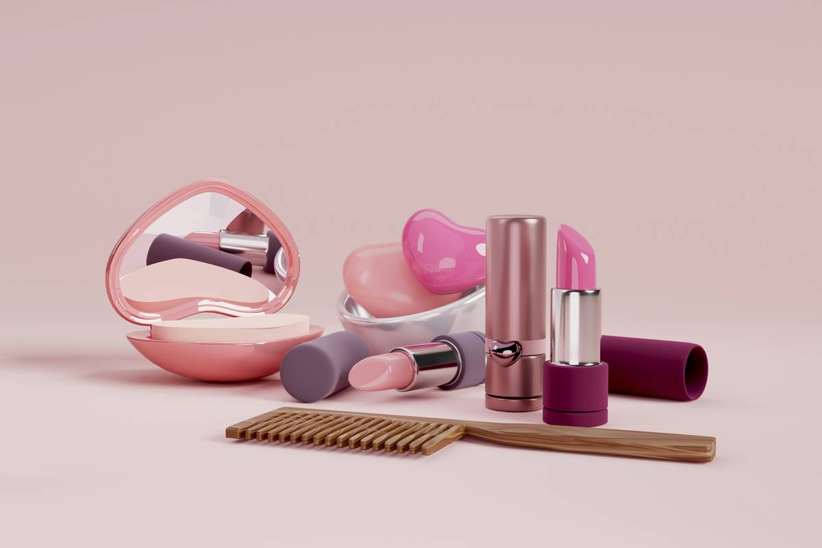 A water-resistant beauty essentials pouch with organized compartments holding foundation, brushes, and lipstick
